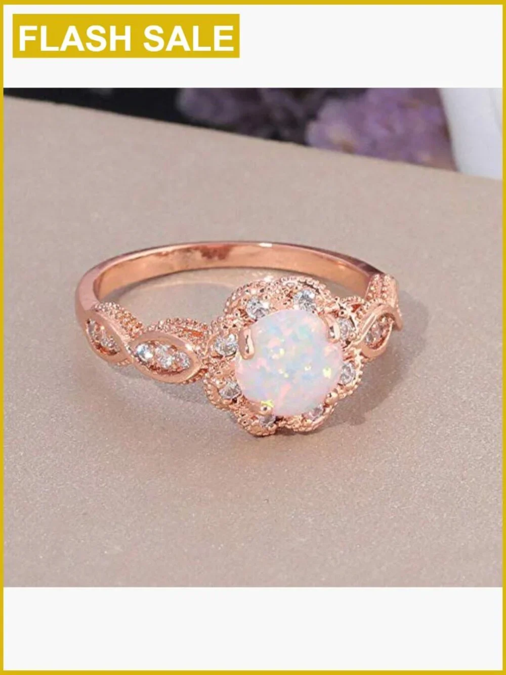 18K Gold Plated Opal Ring Band - White Fire Opal Amethyst Cubic Zirconia Size